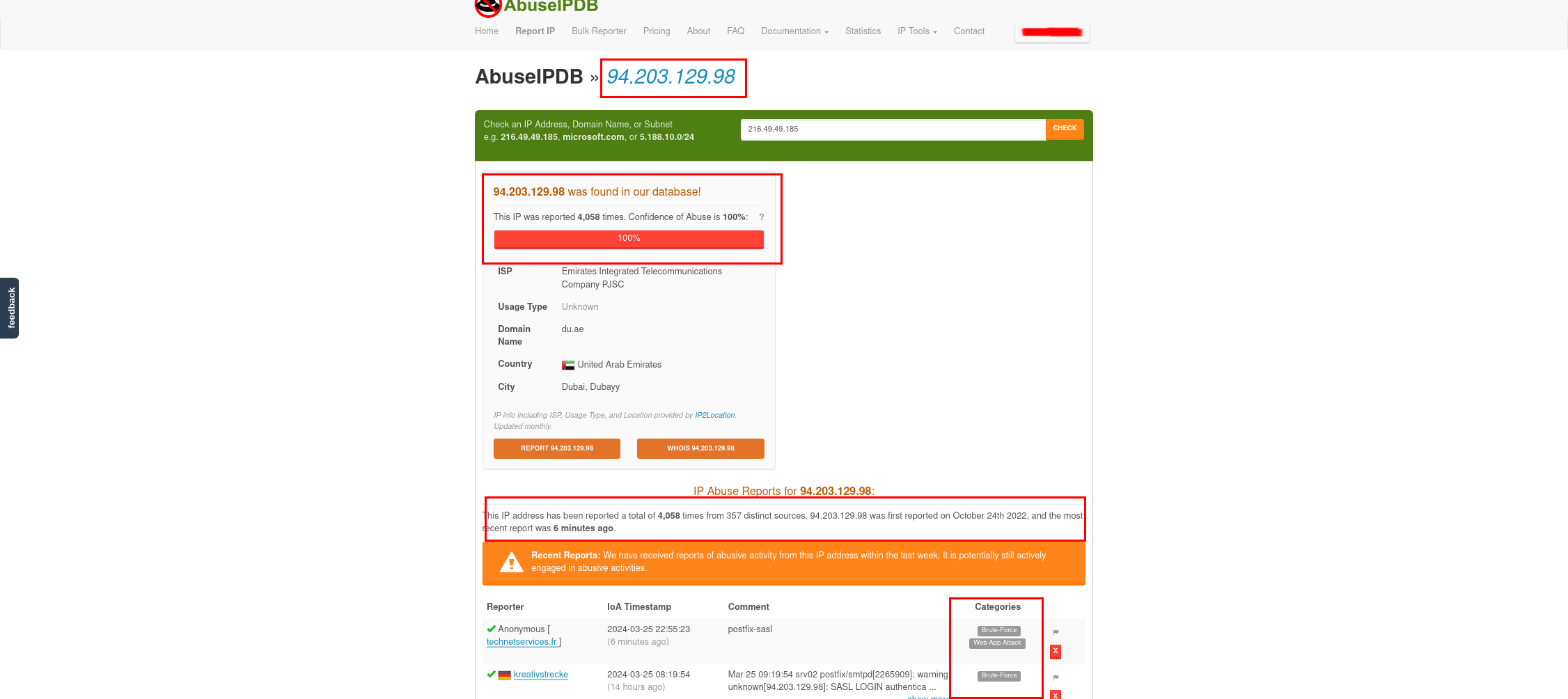 Image of AbuseIPDB results, top half