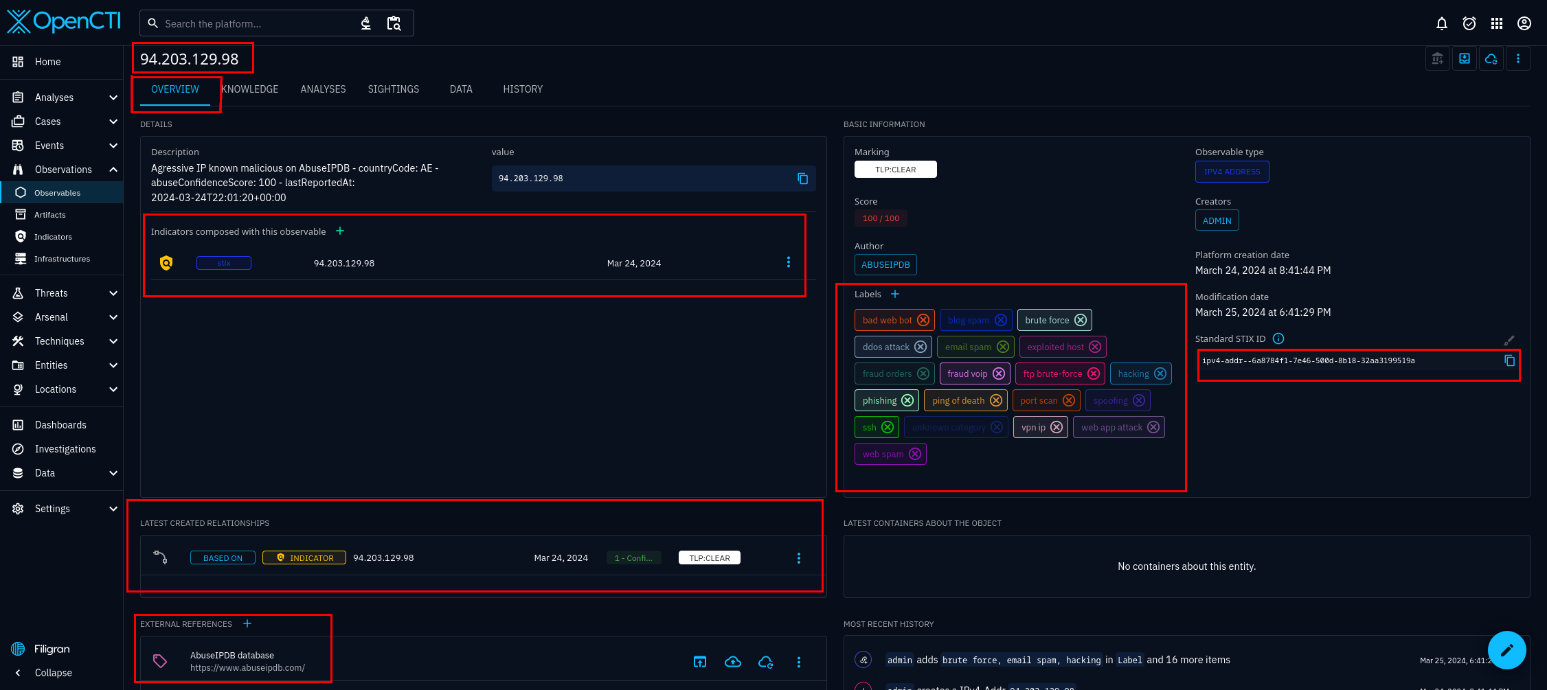 Image of Observables overview tab 