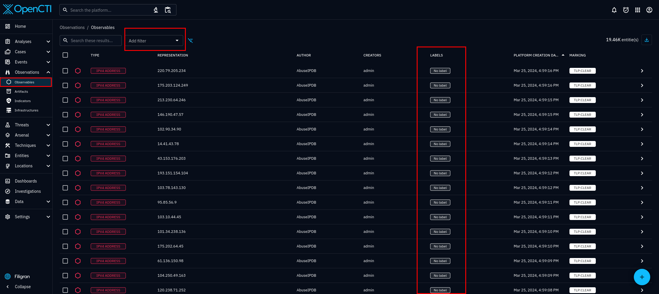 Image of Observables dashboard, unfiltered AbuseIPDB Blacklist