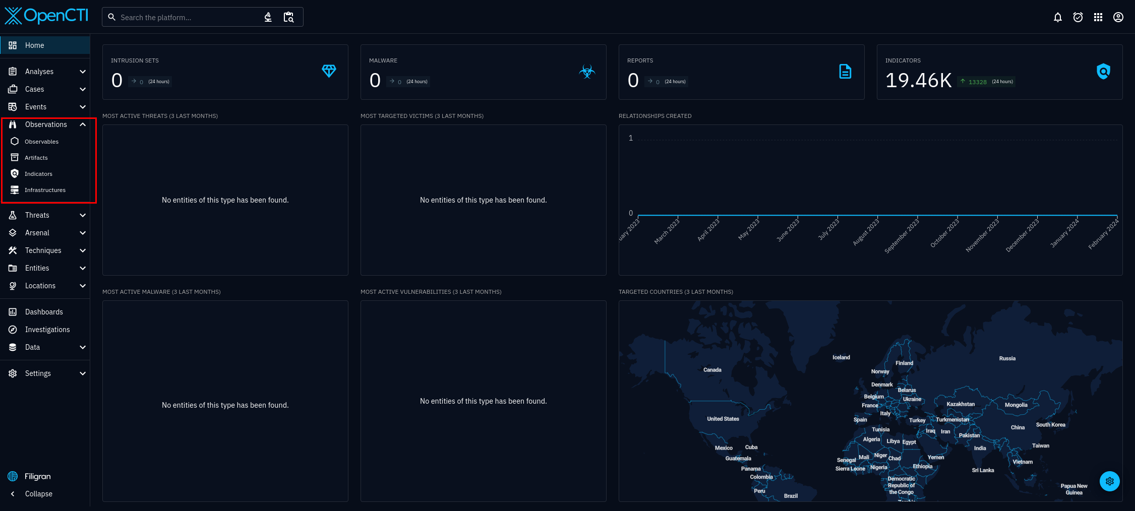 Image of OpenCTI dashboard, side menu, Observations